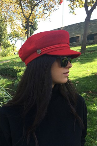 Kadın Kırmızı Kasket Şapka Yün Flat Cap