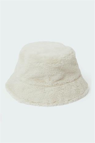 Krem Yumuşak Dokulu Peluş Bucket Şapka