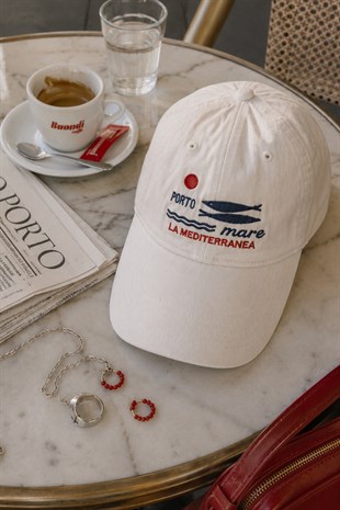 Porto Mare Beyaz Nakışlı Yazlık Şapka - Limited Edition