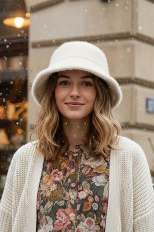 Lüks Alpaka Yün Kova Şapka - Ekru Kışlık Boho Bucket Hat