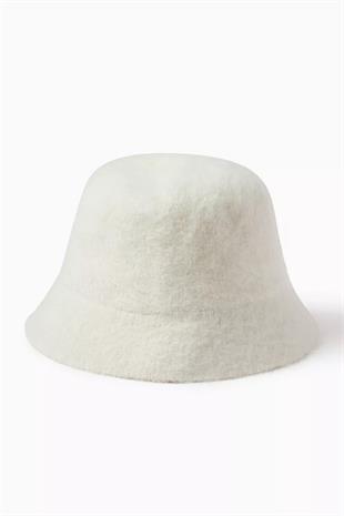 Lüks Alpaka Yün Kova Şapka - Ekru Kışlık Boho Bucket Hat