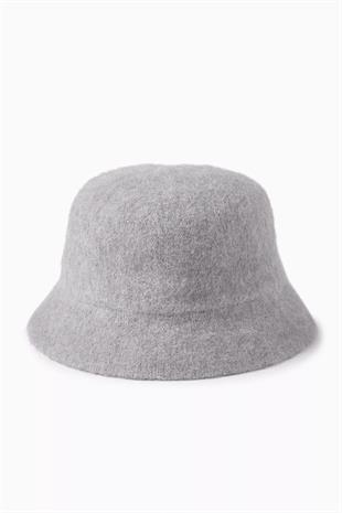 Lüks Alpaka Yün Kova Şapka - Gri Kışlık Boho Bucket Hat