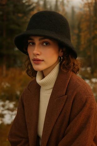 Lüks Alpaka Yün Kova Şapka - Siyah Kışlık Boho Bucket Hat