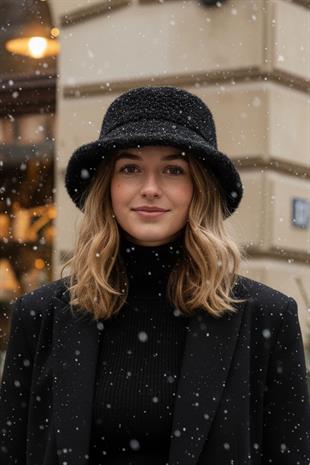 Lüks Alpaka Yün Kova Şapka - Siyah Kışlık Boho Bucket Hat