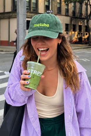 Matcha Nakışlı Denim-Eskitme Yeşil Şapka - Limited Edition