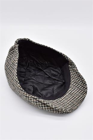 Mikro Beige Patterned Astarlı Winter Flat Cap Hat
