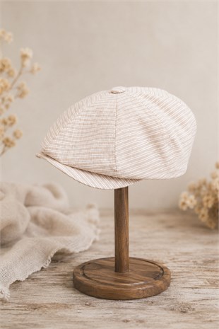 Oat Sand Mikro Çizgili Pamuklu Kasket | Baker Boy Collection