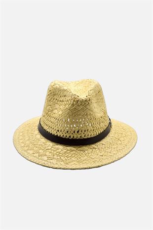 Knit Textured Leather Ribboned Beige Straw Hat