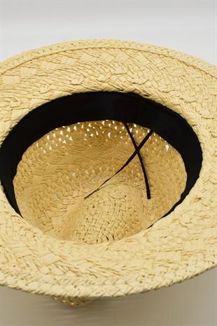 Knit Textured Leather Ribboned Beige Straw Hat