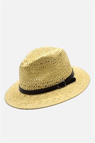 Knit Textured Leather Ribboned Beige Straw Hat