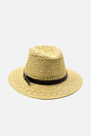 Knit Textured Leather Ribboned Beige Straw Hat