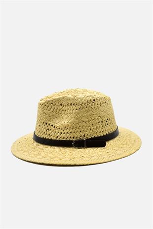 Knit Textured Leather Ribboned Beige Straw Hat