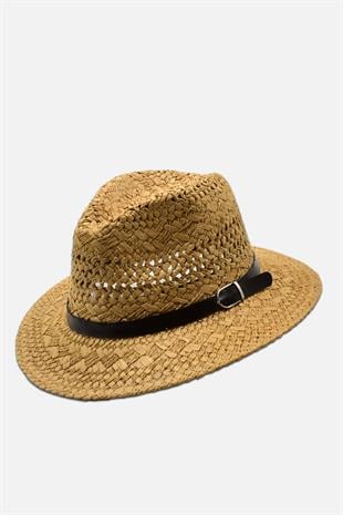 Örgü Dokulu Deri Şeritli Camel Hasır Şapka