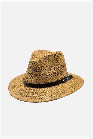 Örgü Dokulu Deri Şeritli Camel Hasır Şapka