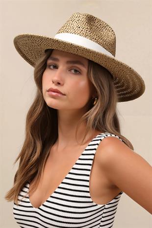 Örgü Dokulu Krem Şeritli Hasır Panama Şapka - Camel