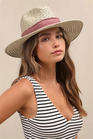 Örgü Dokulu Pembe Şeritli Hasır Panama Şapka - Krem