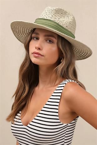 Örgü Dokulu Yeşil Şeritli Hasır Panama Şapka - Açık Bej