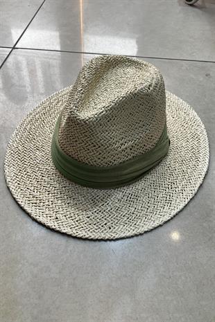 Örgü Dokulu Yeşil Şeritli Hasır Panama Şapka - Açık Bej