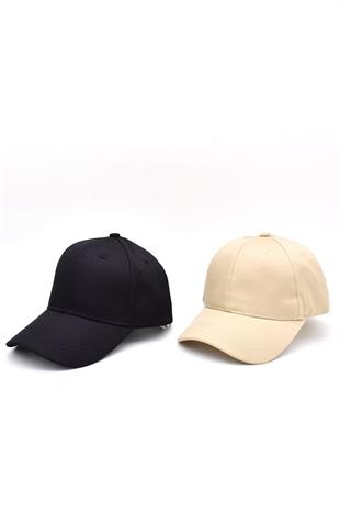 Unisex Adjustable Sports Basic Cap Hat | Black Beige 2x Pack Pack