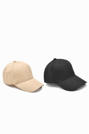 Unisex Adjustable Sports Basic Cap Hat | Black Beige 2x Pack Pack