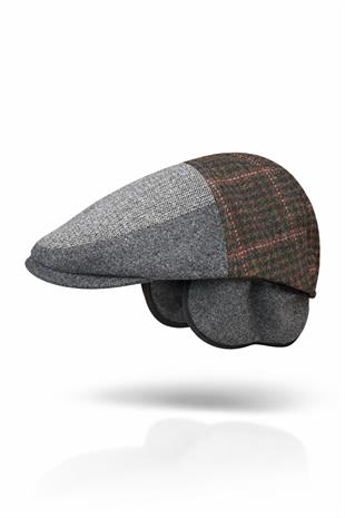 Patchwork Kışlık Yün İngiliz Kasket - Katlanır Sherpa Kulaklı Şapka