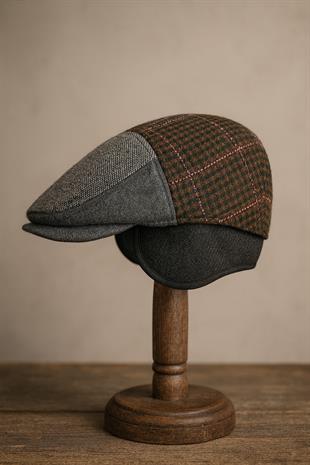 Patchwork Kışlık Yün İngiliz Kasket - Katlanır Sherpa Kulaklı Şapka