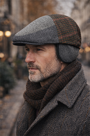 Patchwork Kışlık Yün İngiliz Kasket - Katlanır Sherpa Kulaklı Şapka