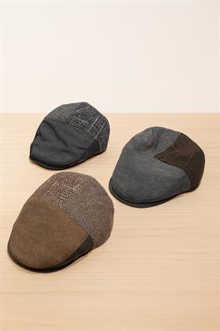 Patchwork Kışlık Yün İngiliz Kasket - Katlanır Sherpa Kulaklı Şapka