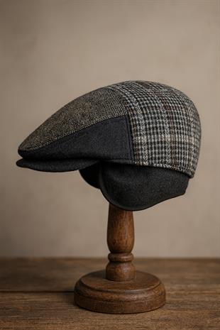 Patchwork Kışlık Yün İngiliz Kasket - Katlanır Sherpa Kulaklı Şapka