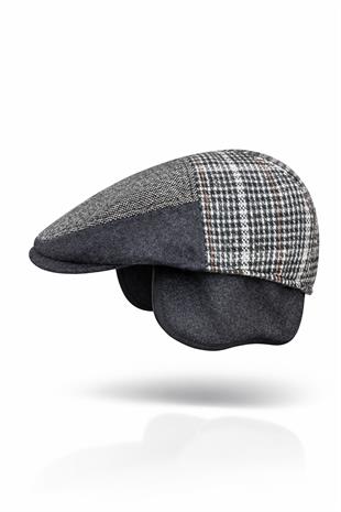 Patchwork Kışlık Yün İngiliz Kasket - Katlanır Sherpa Kulaklı Şapka