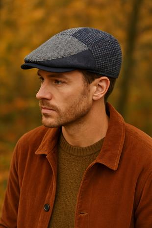 Patchwork Kışlık Yün İngiliz Kasket - Katlanır Sherpa Kulaklı Şapka