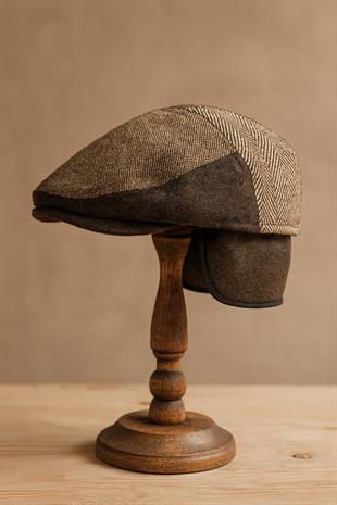 Patchwork Kışlık Yün İngiliz Kasket - Katlanır Sherpa Kulaklı Şapka