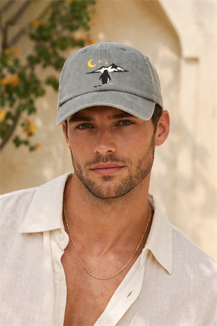 Penguen Nakışlı Gri Unisex Baseball Cap – Yıkamalı Vintage Stil