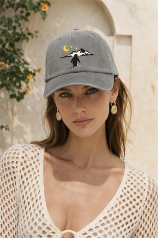 Penguen Nakışlı Gri Unisex Baseball Cap – Yıkamalı Vintage Stil