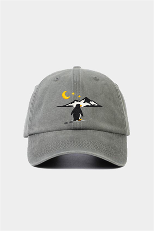 Penguen Nakışlı Gri Unisex Baseball Cap – Yıkamalı Vintage Stil