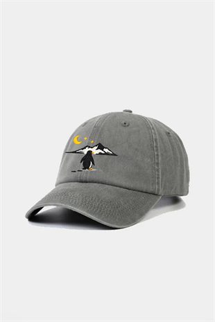 Penguen Nakışlı Gri Unisex Baseball Cap – Yıkamalı Vintage Stil