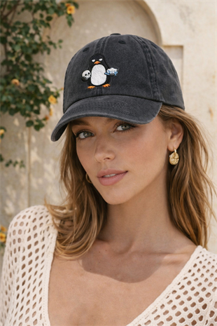 Penguen Nakışlı Siyah Unisex Baseball Cap – Yıkamalı Vintage Stil