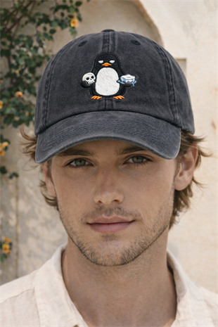 Penguen Nakışlı Siyah Unisex Baseball Cap – Yıkamalı Vintage Stil
