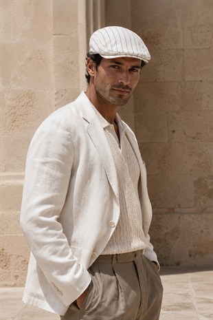 Portofino Stripe Keten Dokulu Slim Fit Kasket – Flat Cap | Riviera Collection