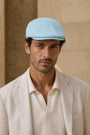 Positano Sky Keten Dokulu Slim Fit Kasket – Flat Cap | Riviera Collection