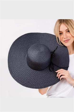 Premium Rafya Oversize Siyah Geniş Hasır Plaj Şapkası