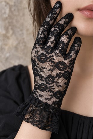 Siyah Çiçek Dantelli Fırfırlı Eldiven - Abiye, Davet, Gotik, Halloween