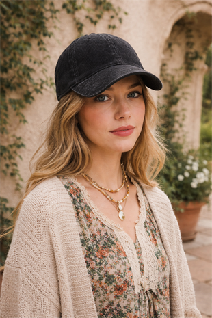 Washed Cord Şapka – Fitilli Dokulu Kadife Siyah Kep