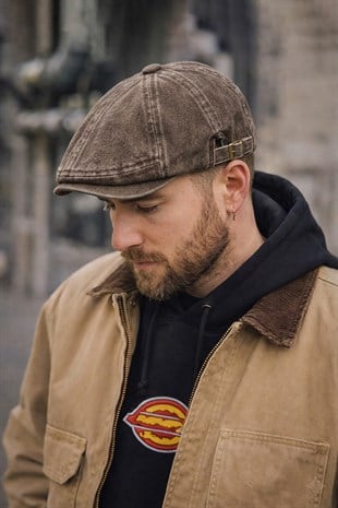 Stonewash Flat Cap Şapka – Ayarlanabilir Tokalı Newsboy Cap - Rustic Oak