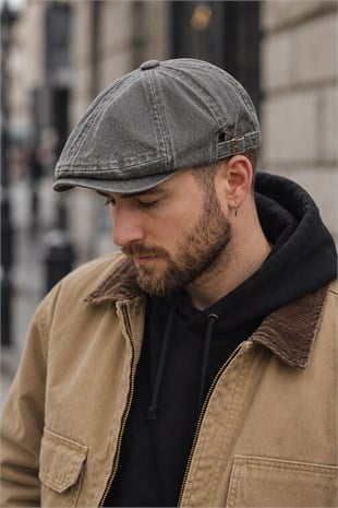 Stonewash Flat Cap Şapka – Ayarlanabilir Tokalı Newsboy Cap - Gray
