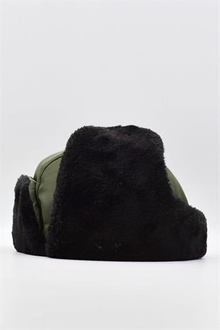 Suni Kürklü Pilot Beresi Yeşil Kalpak Şapka