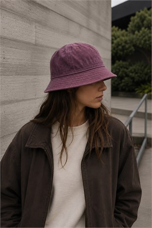Unisex Washed Burgundy Bucket Şapka Pamuklu Balıkçı Şapkası