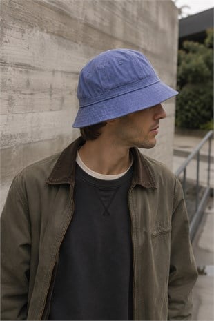 Unisex Washed Cobalt Blue Bucket Şapka Pamuklu Balıkçı Şapkası