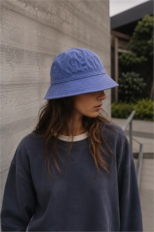 Unisex Washed Cobalt Blue Bucket Şapka Pamuklu Balıkçı Şapkası