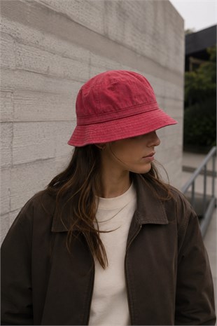 Unisex Washed Red Bucket Şapka Pamuklu Balıkçı Şapkası